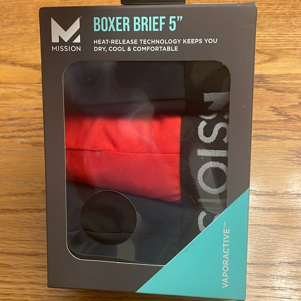 Mission Boxer Briefs (3) pack. 5” inseam. NEW!! Black & Red..Size Medium (32-34)